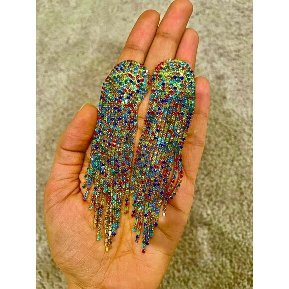 Multicolor earrings , multicolored earrings  long fringe red blue green earrings - Picture 2 of 3